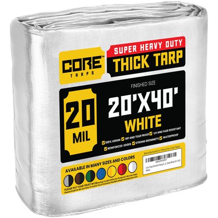 Core Tarps 40 ft L x 0.5 mm H x 20 ft W Heavy Duty 20 Mil Tarp, White, Polyethylene CT-704-20X40